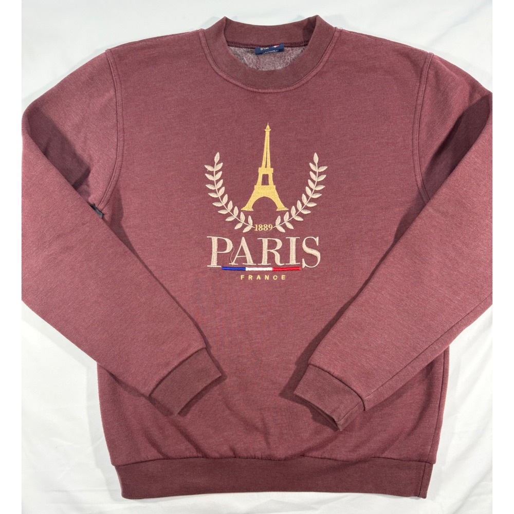 Tour D'Or Paris France Eiffel Tower Embroidered Sweatshirt Burgundy Mens Medium
